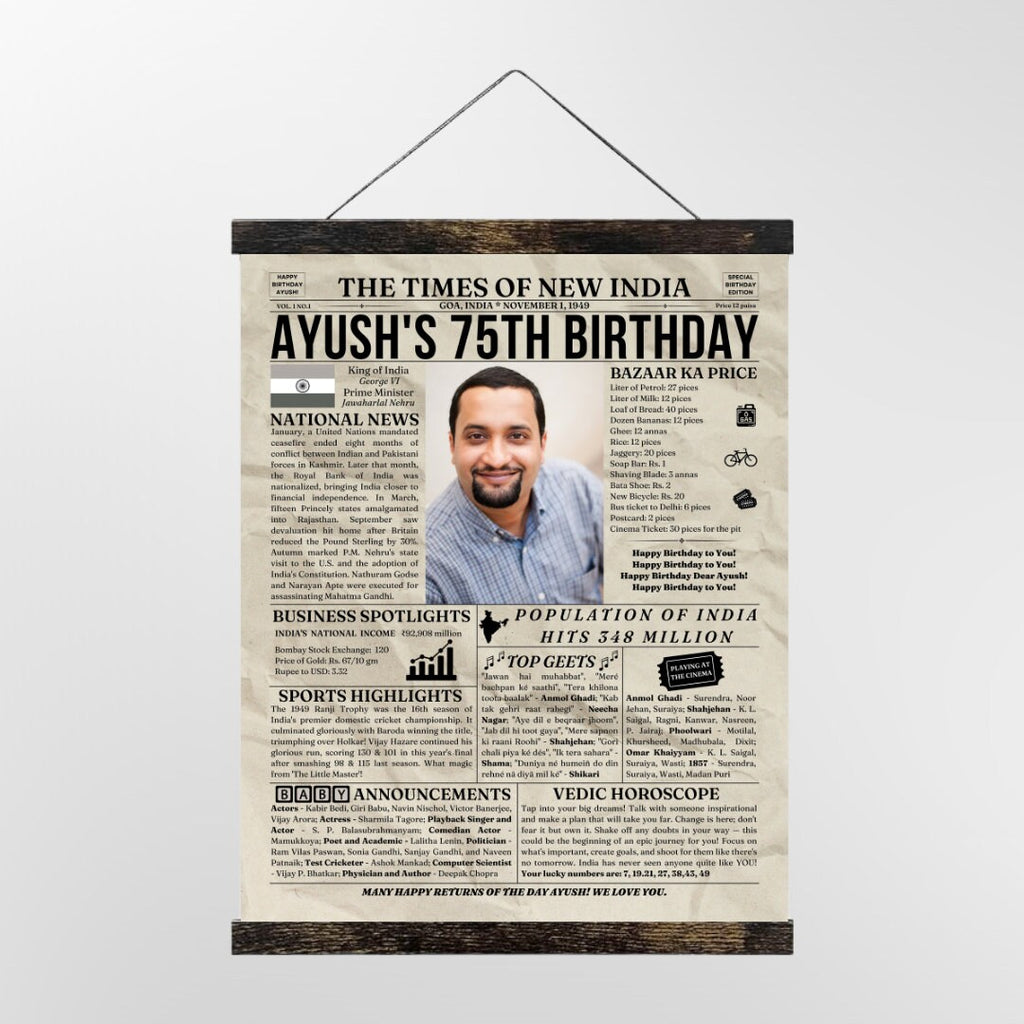 BackThenStudios Personalized Indian Newspaper Poster, 1949 India, 75th Birthday