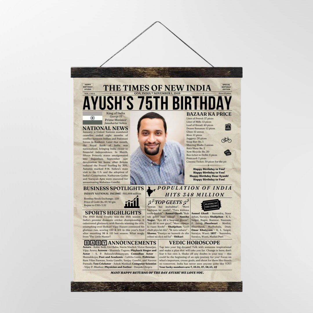 BackThenStudios Personalized Indian Newspaper Poster, 1949 India, 75th Birthday