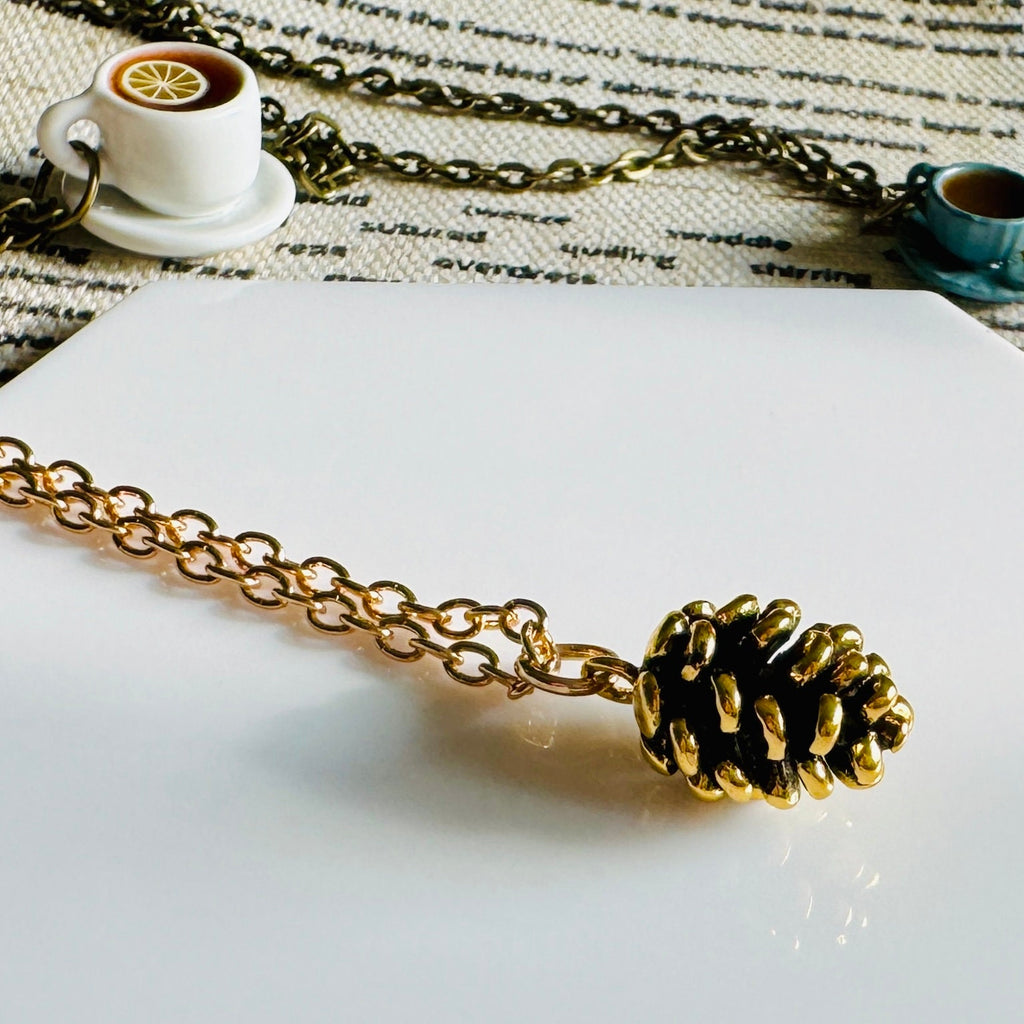 VanillaStarCafe Bronze Pine Cone Necklace Gold Charm 20.5in