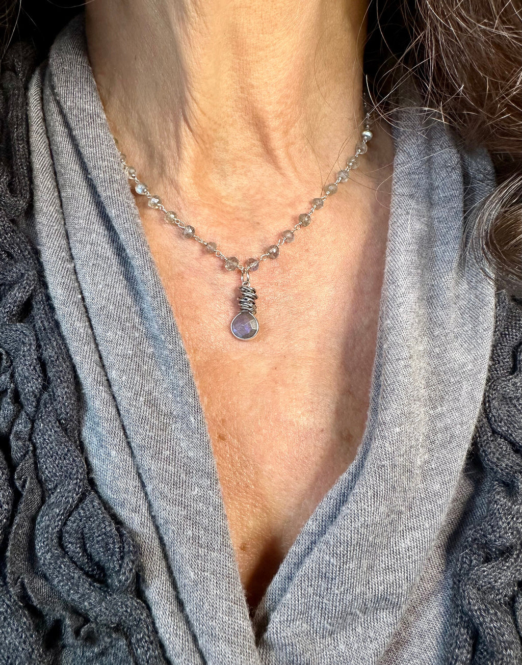 MossberryandStone Labradorite Sterling Silver Rosary Pendant Necklace