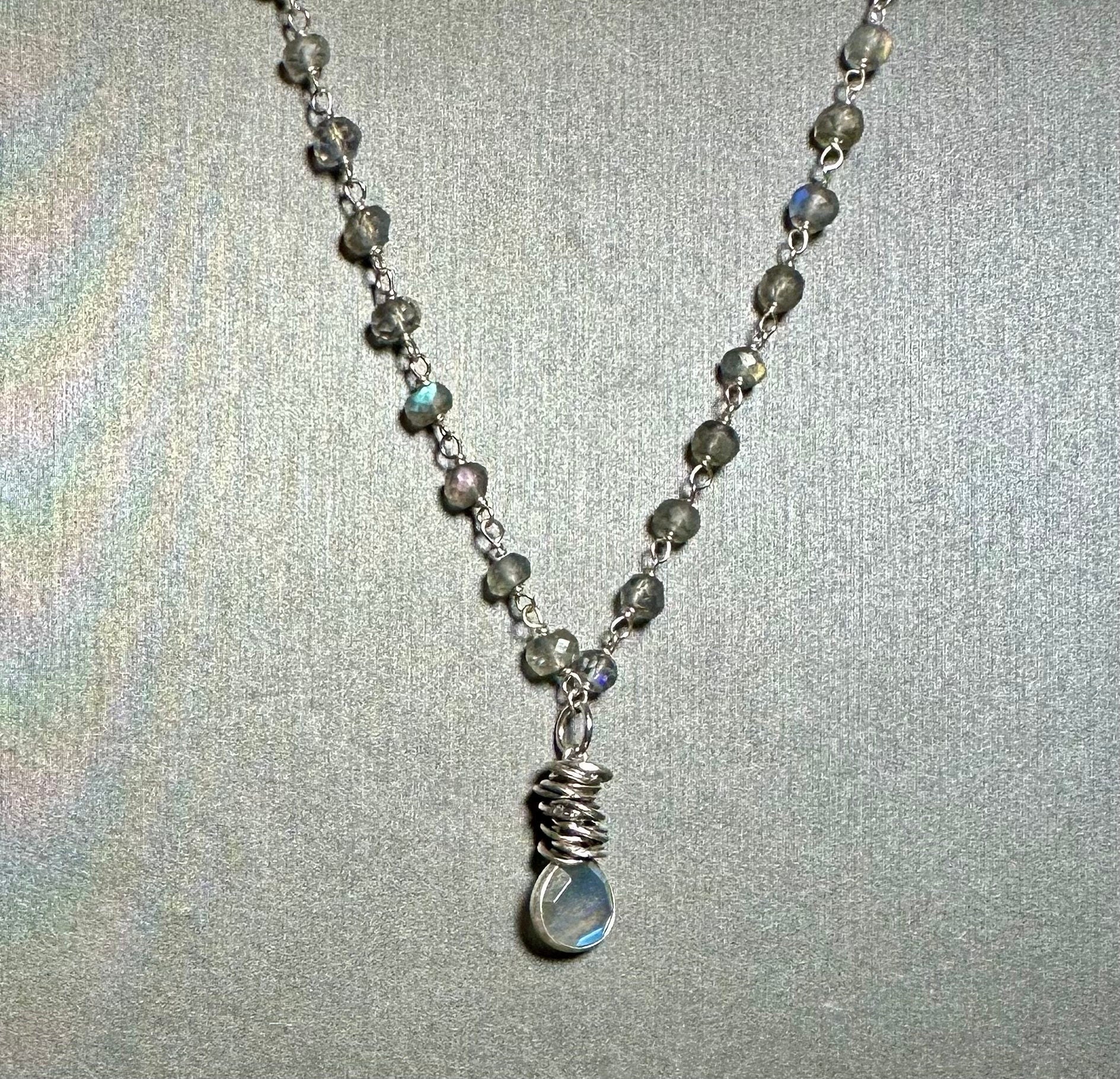MossberryandStone Labradorite Sterling Silver Rosary Pendant Necklace
