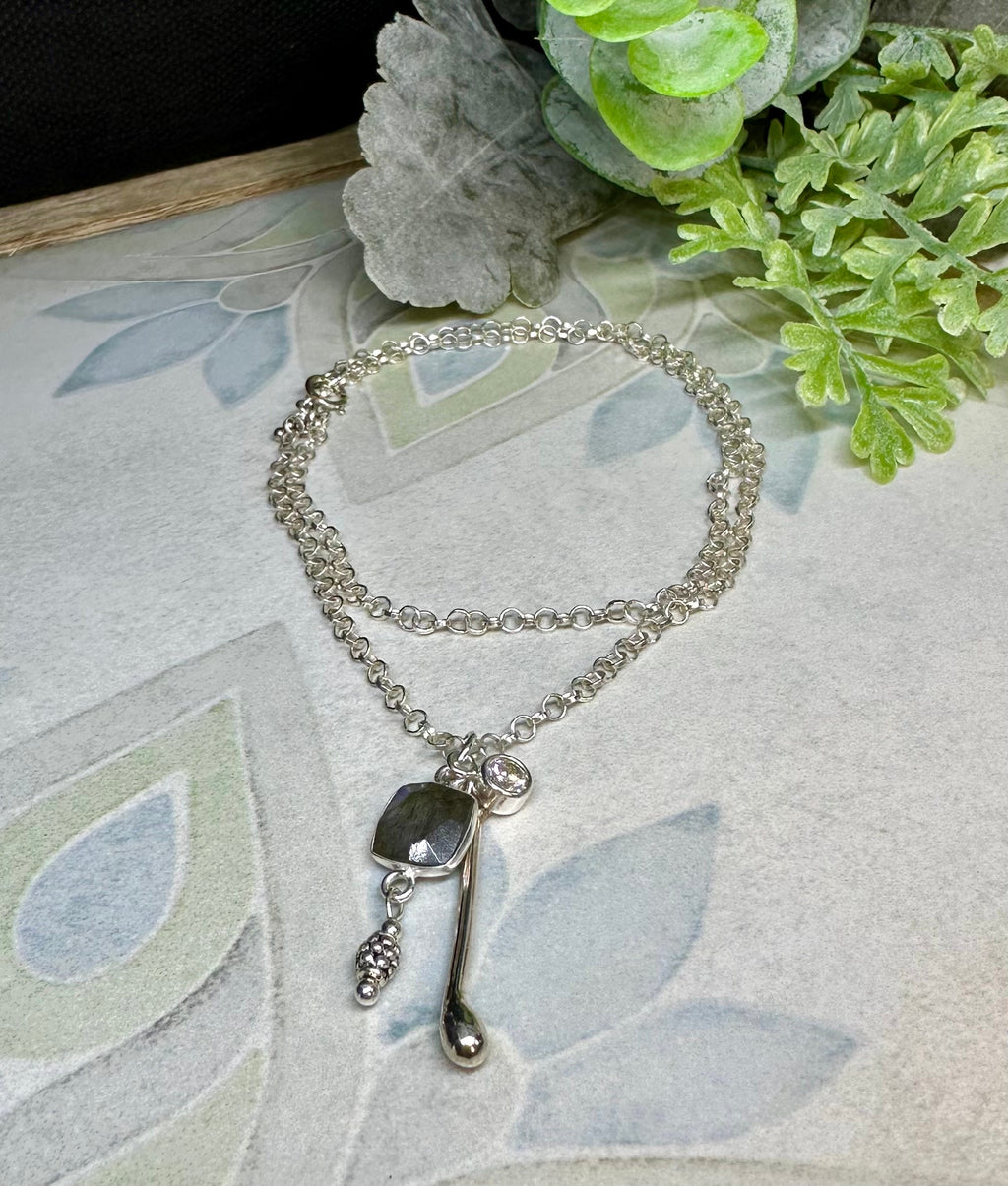 MossberryandStone Triple Charm Sterling Silver Pendant Necklace Labradorite 17in