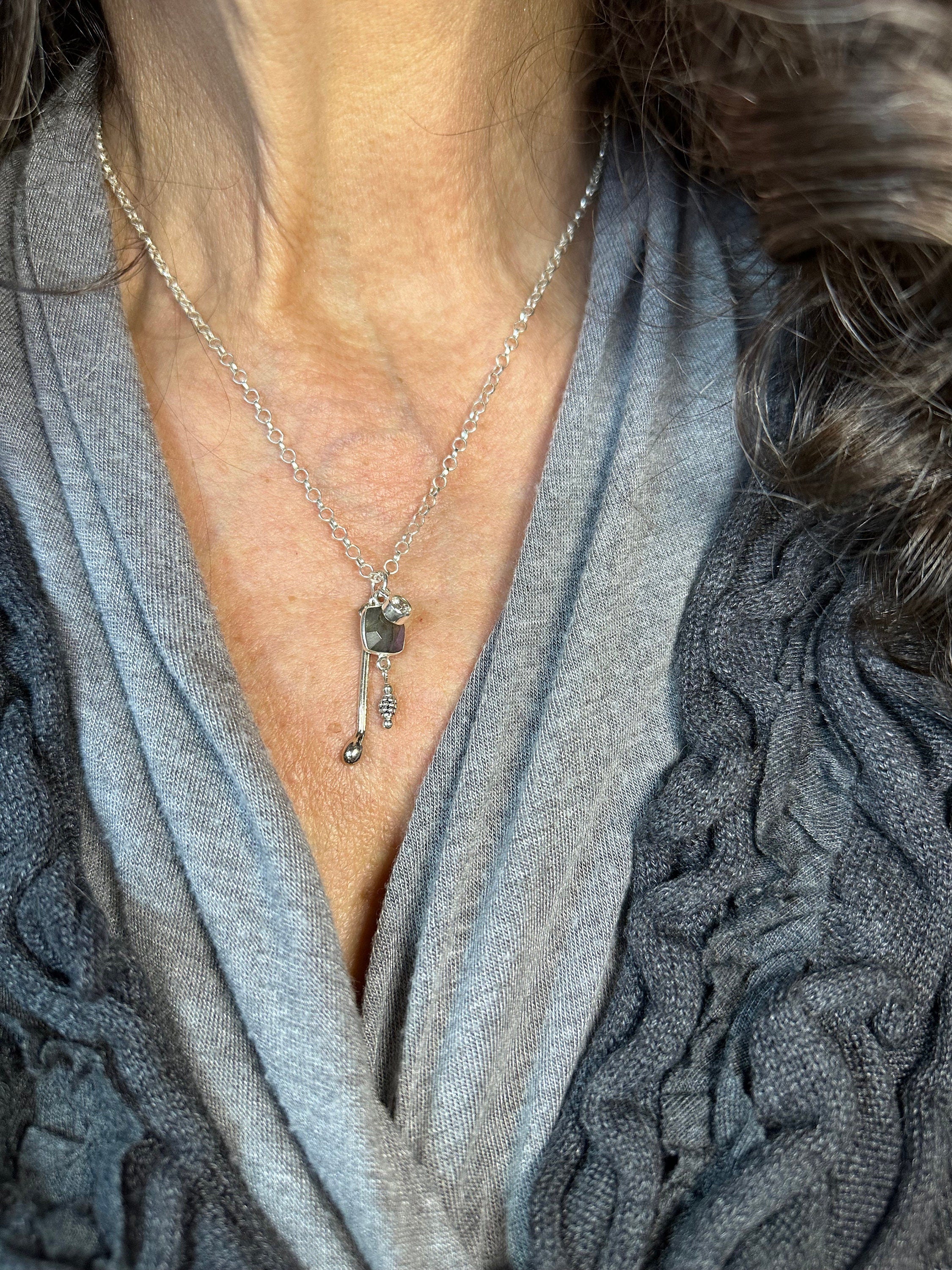 MossberryandStone Triple Charm Sterling Silver Pendant Necklace Labradorite 17in