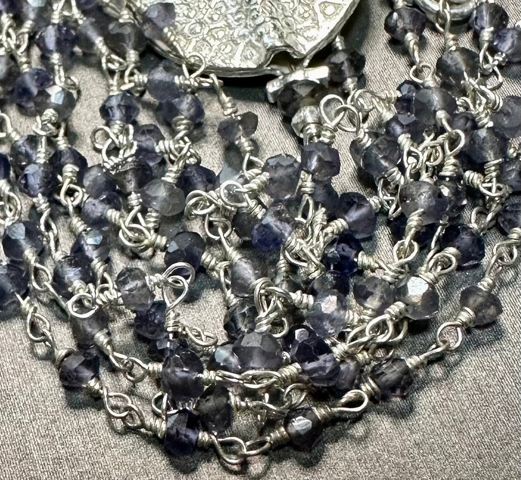 Iolite and Sterling Silver Extra Long Lariat Necklace, Hammered Silver Medallion, Purple Rosary Chain, One-of-a-Kind