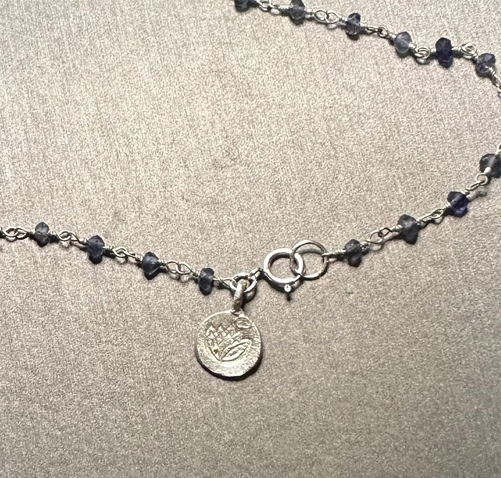 Iolite and Sterling Silver Extra Long Lariat Necklace, Hammered Silver Medallion, Purple Rosary Chain, One-of-a-Kind