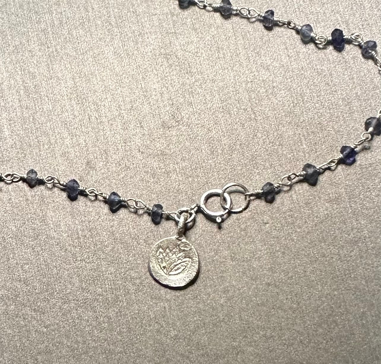 Iolite and Sterling Silver Extra Long Lariat Necklace, Hammered Silver Medallion, Purple Rosary Chain, One-of-a-Kind