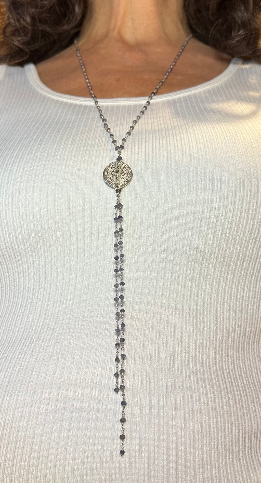 Iolite and Sterling Silver Extra Long Lariat Necklace, Hammered Silver Medallion, Purple Rosary Chain, One-of-a-Kind