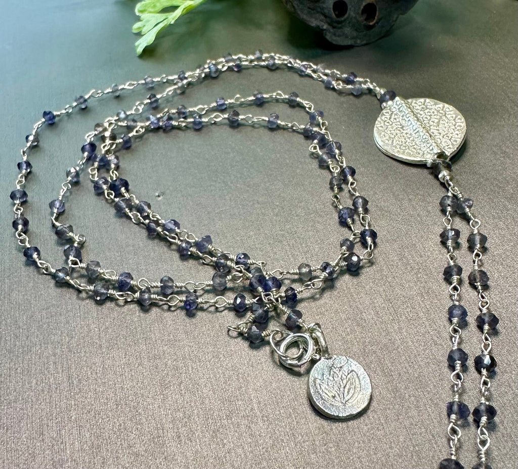 Iolite and Sterling Silver Extra Long Lariat Necklace, Hammered Silver Medallion, Purple Rosary Chain, One-of-a-Kind