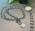 Iolite and Sterling Silver Extra Long Lariat Necklace, Hammered Silver Medallion, Purple Rosary Chain, One-of-a-Kind