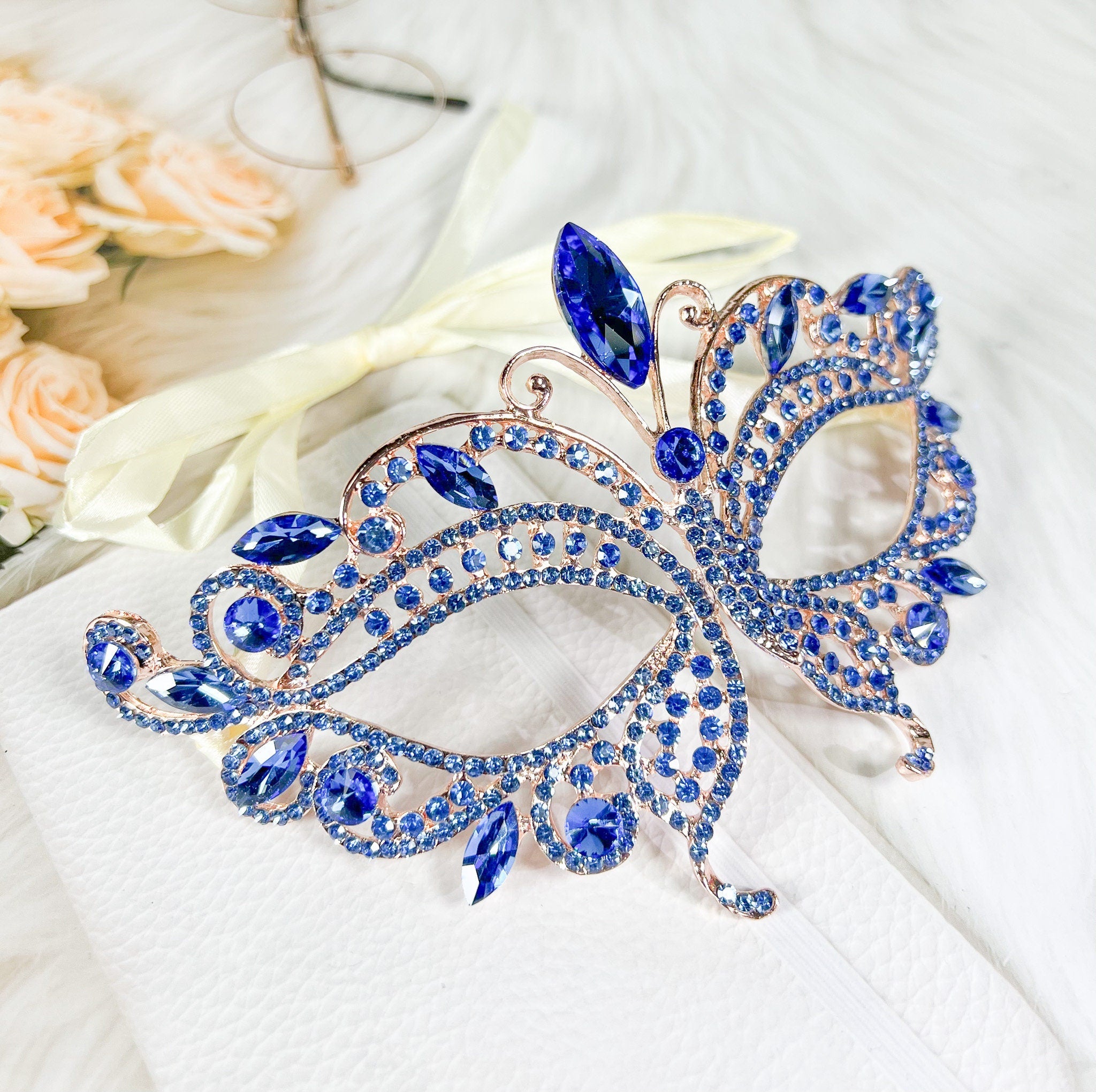 HappyJewelryWorld Butterfly Blue Crystal Masquerade Mask Gold Rhinestone