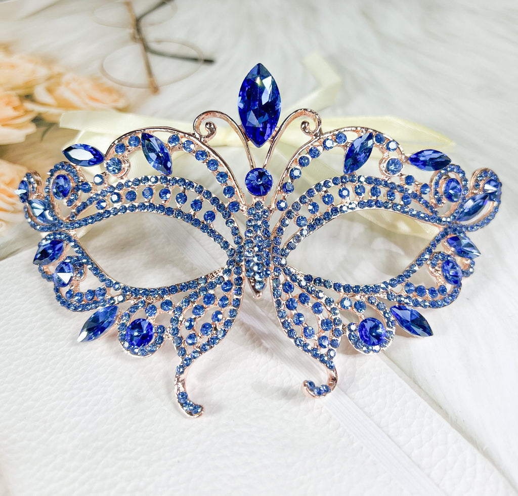 HappyJewelryWorld Butterfly Blue Crystal Masquerade Mask Gold Rhinestone