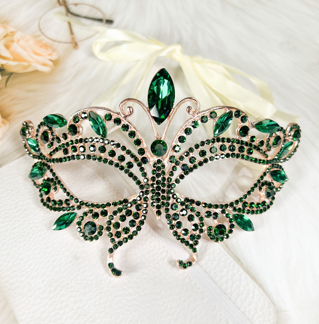HappyJewelryWorld Butterfly Green Rhinestone Masquerade Mask