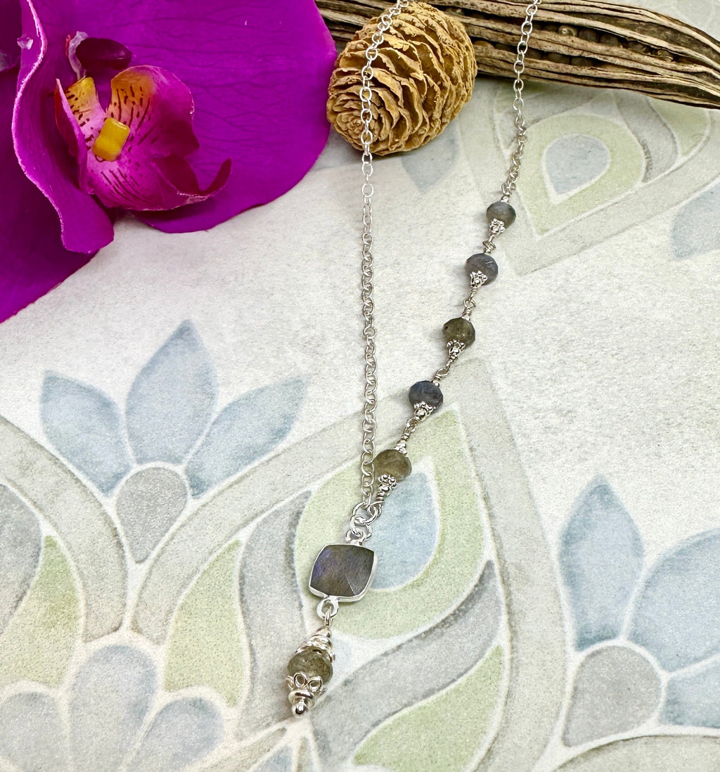 MossberryandStone Labradorite Sterling Silver Faceted Pendant Necklace 17in