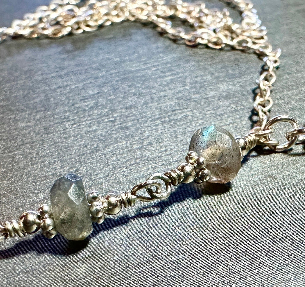 MossberryandStone Labradorite Sterling Silver Faceted Pendant Necklace 17in