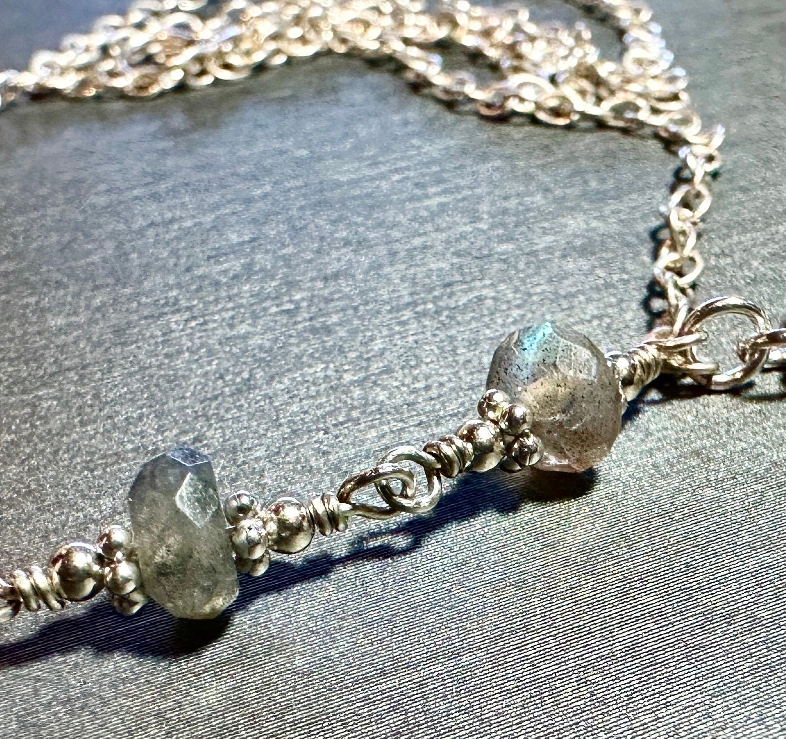 MossberryandStone Labradorite Sterling Silver Faceted Pendant Necklace 17in