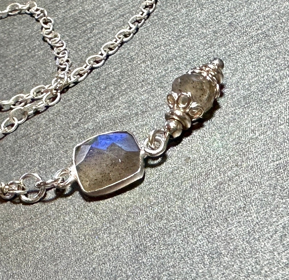MossberryandStone Labradorite Sterling Silver Faceted Pendant Necklace 17in