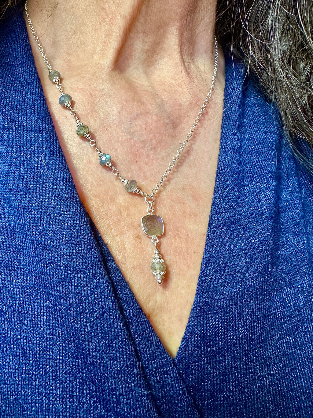 MossberryandStone Labradorite Sterling Silver Faceted Pendant Necklace 17in