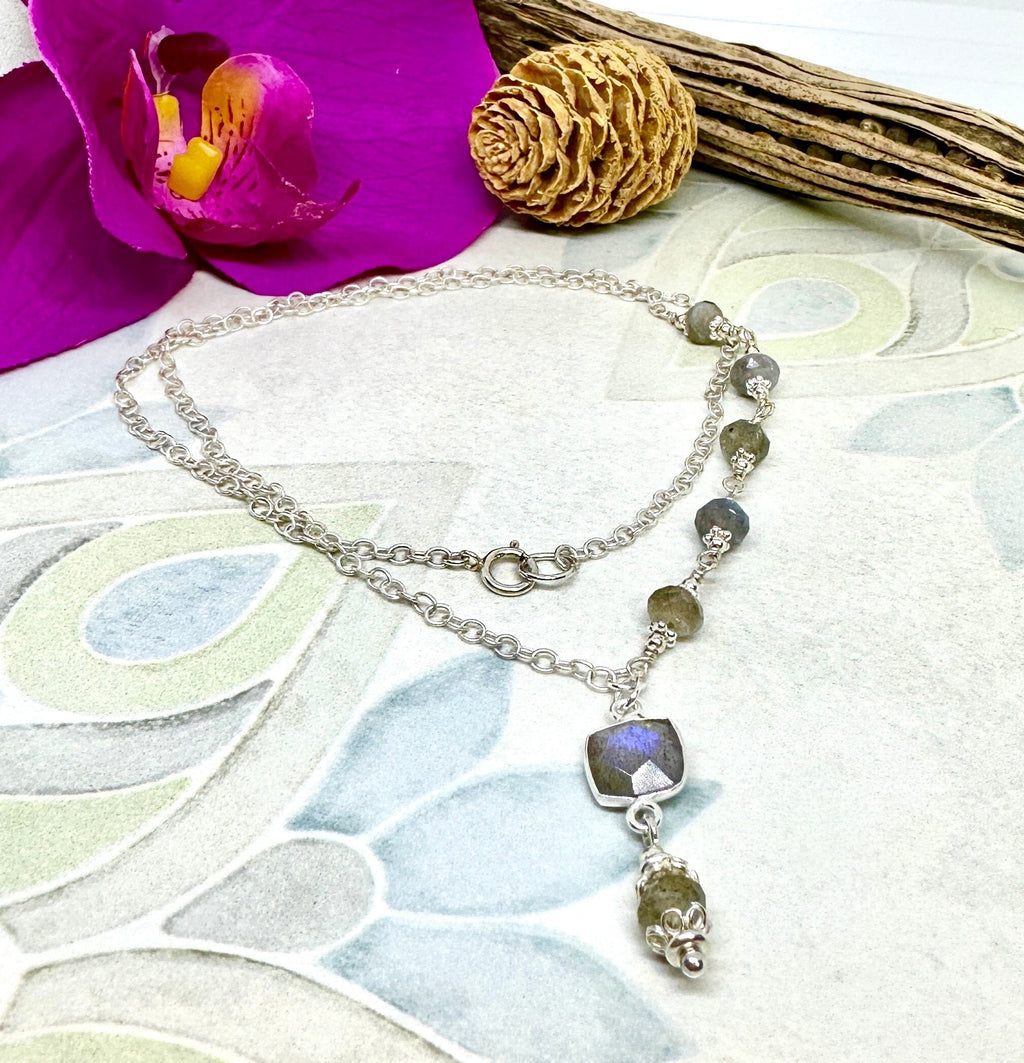 MossberryandStone Labradorite Sterling Silver Faceted Pendant Necklace 17in
