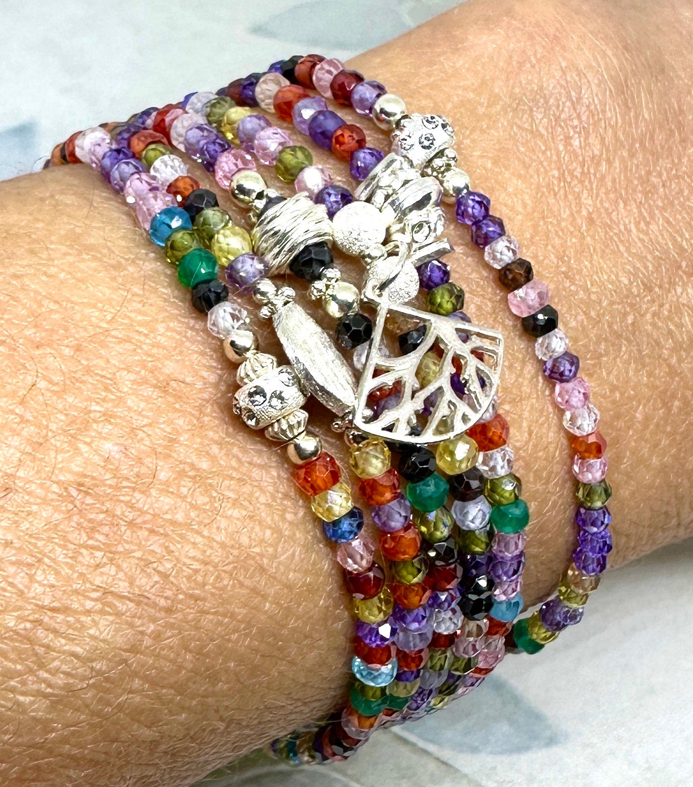 MossberryandStone Rainbow Cubic Zirconia Sterling Silver Beaded Wrap Bracelet