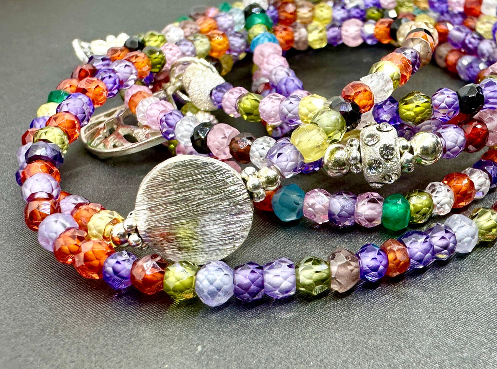 MossberryandStone Rainbow Cubic Zirconia Sterling Silver Beaded Wrap Bracelet