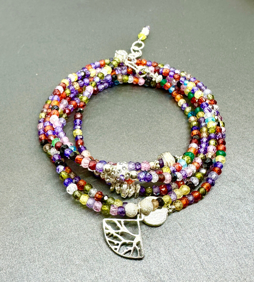 MossberryandStone Rainbow Cubic Zirconia Sterling Silver Beaded Wrap Bracelet
