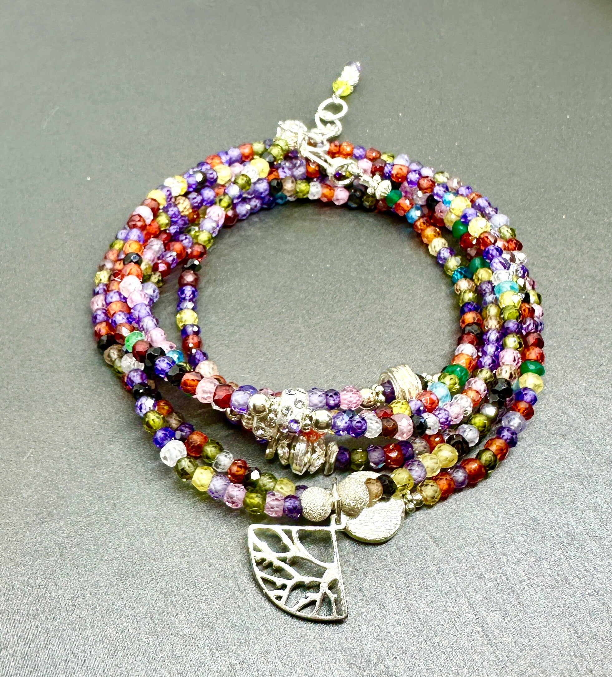 MossberryandStone Rainbow Cubic Zirconia Sterling Silver Beaded Wrap Bracelet