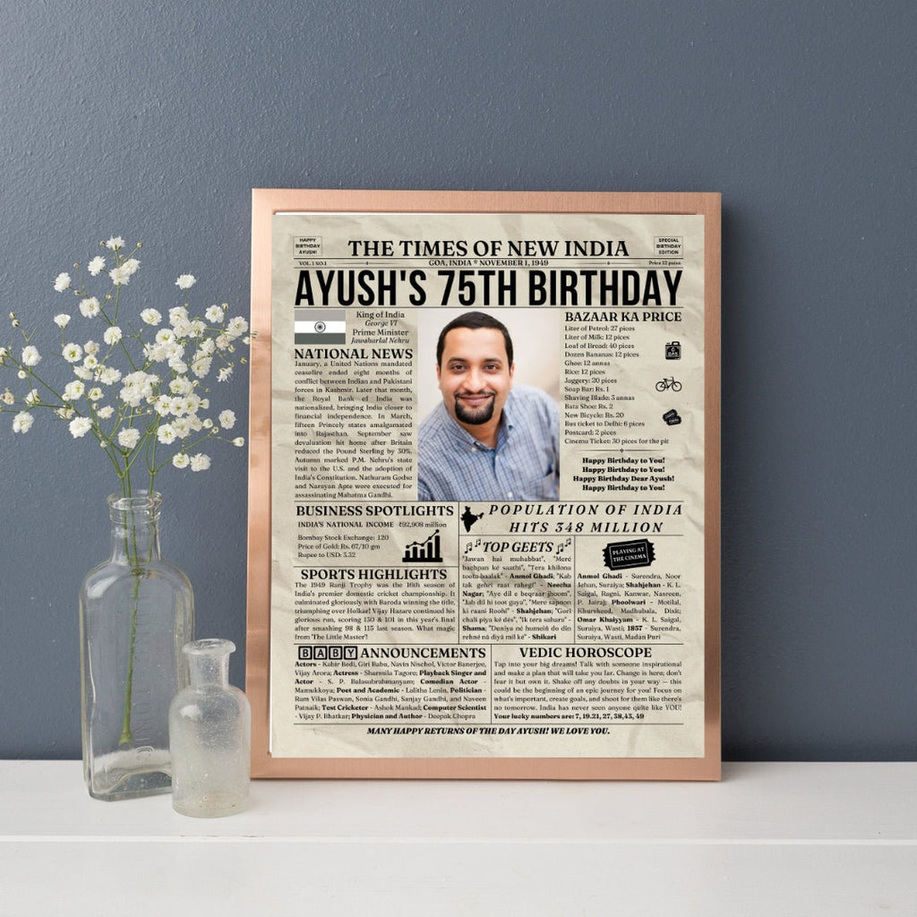 BackThenStudios Personalized Indian Newspaper Poster, 1949 India, 75th Birthday