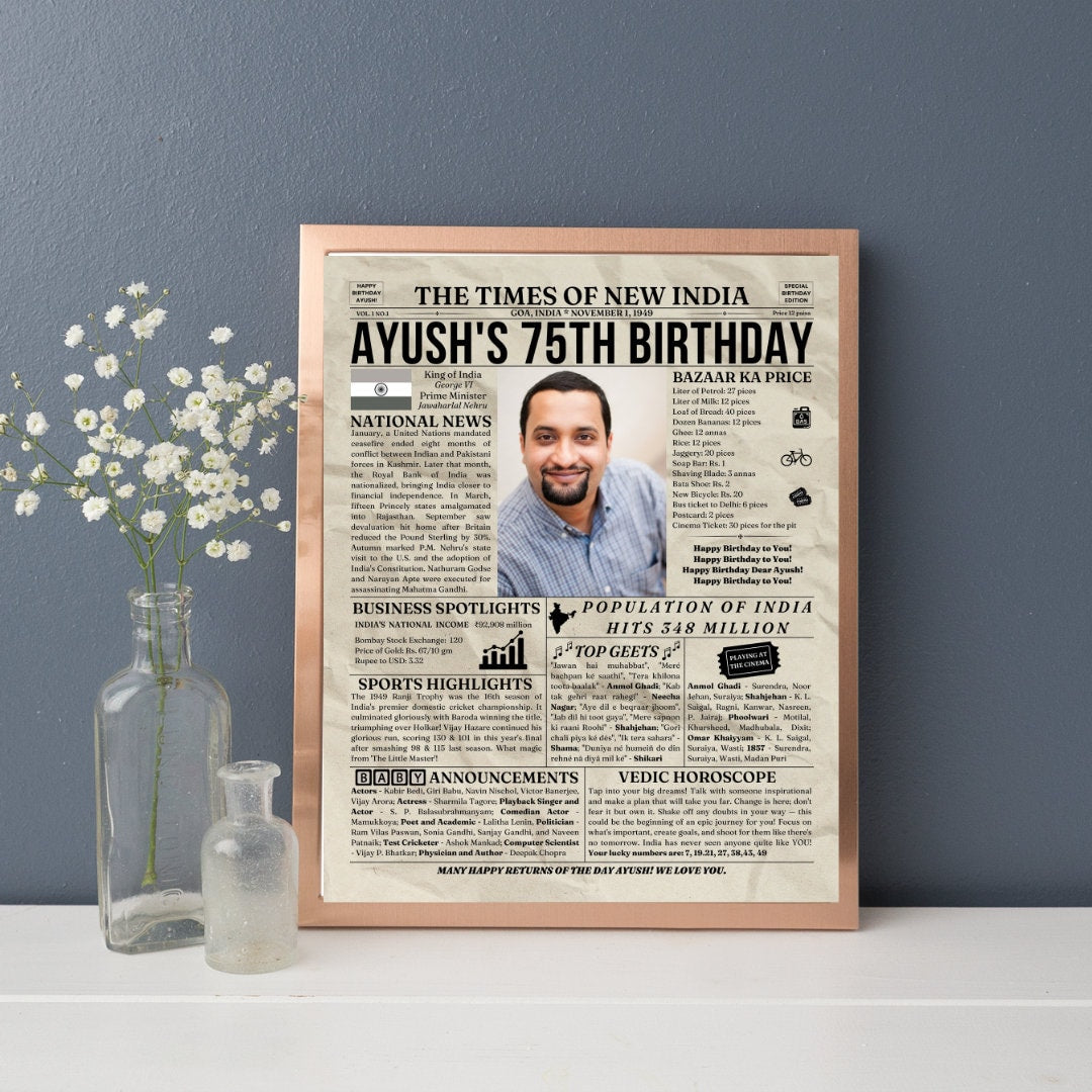 BackThenStudios Personalized Indian Newspaper Poster, 1949 India, 75th Birthday