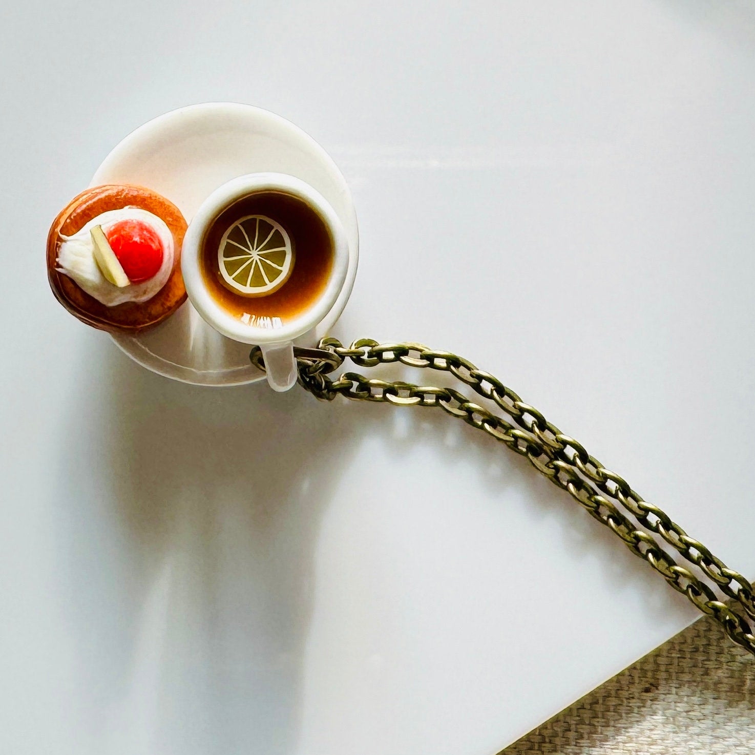 VanillaStarCafe Acorn Lemon Tea Miniature Ceramic Charm Necklace 24in