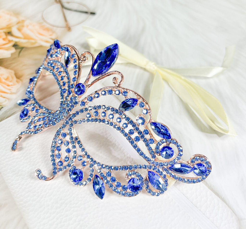 HappyJewelryWorld Butterfly Blue Crystal Masquerade Mask Gold Rhinestone