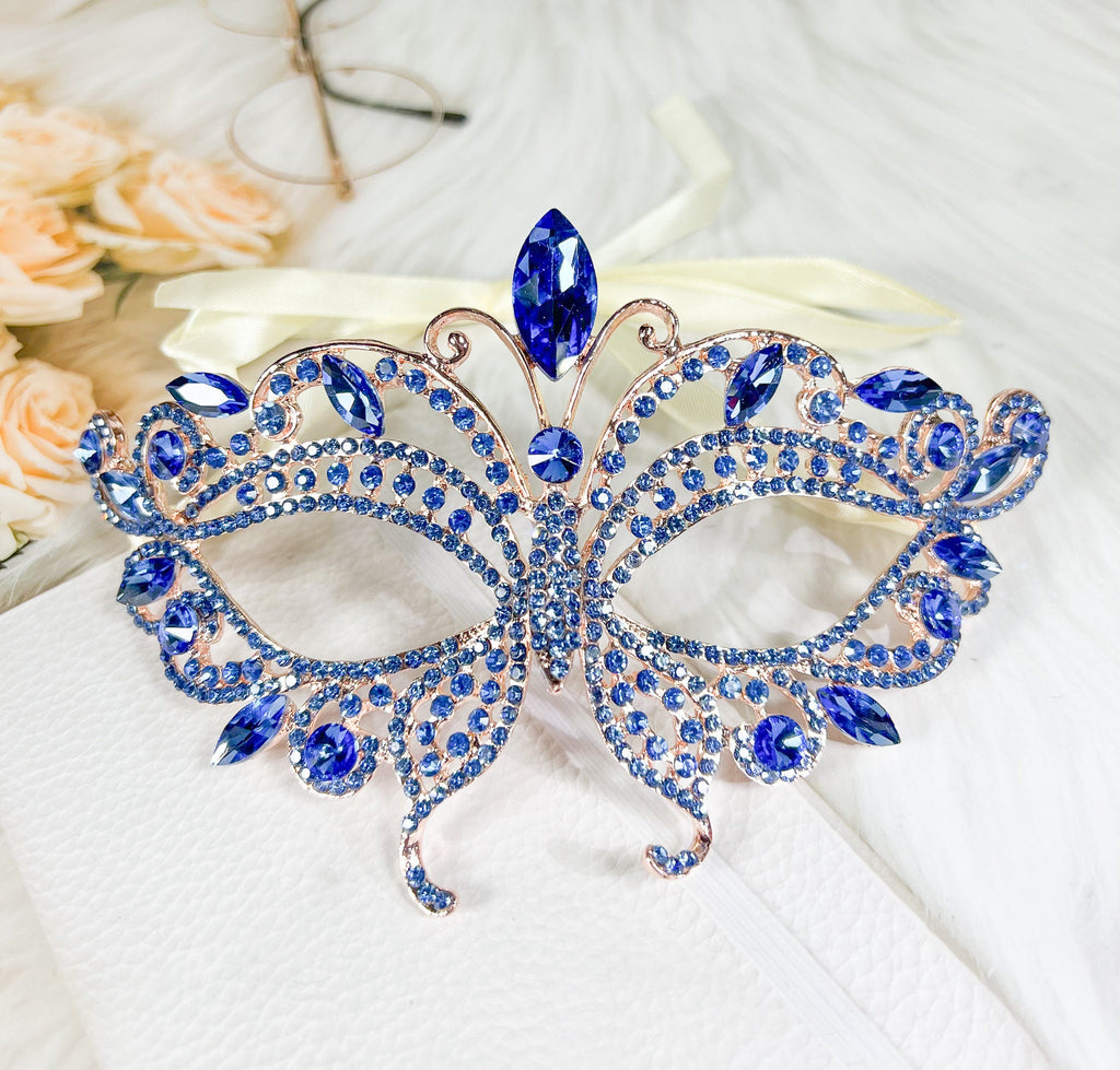 HappyJewelryWorld Butterfly Blue Crystal Masquerade Mask Gold Rhinestone