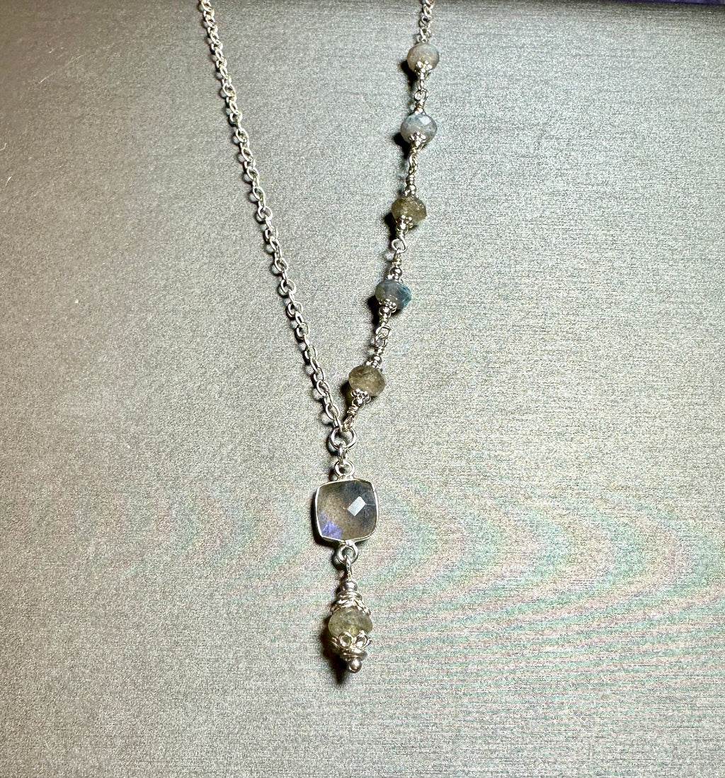 MossberryandStone Labradorite Sterling Silver Faceted Pendant Necklace 17in