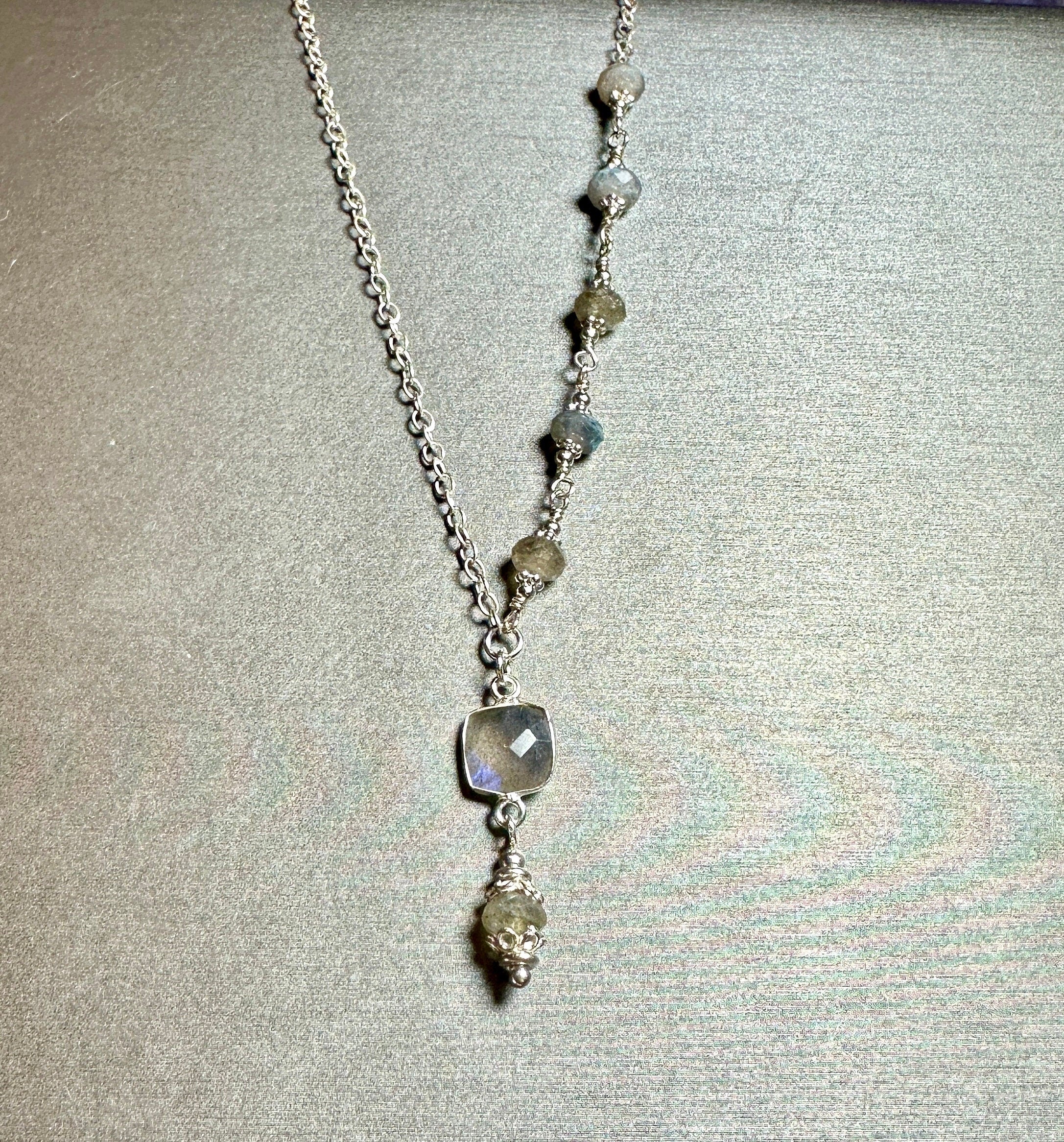MossberryandStone Labradorite Sterling Silver Faceted Pendant Necklace 17in