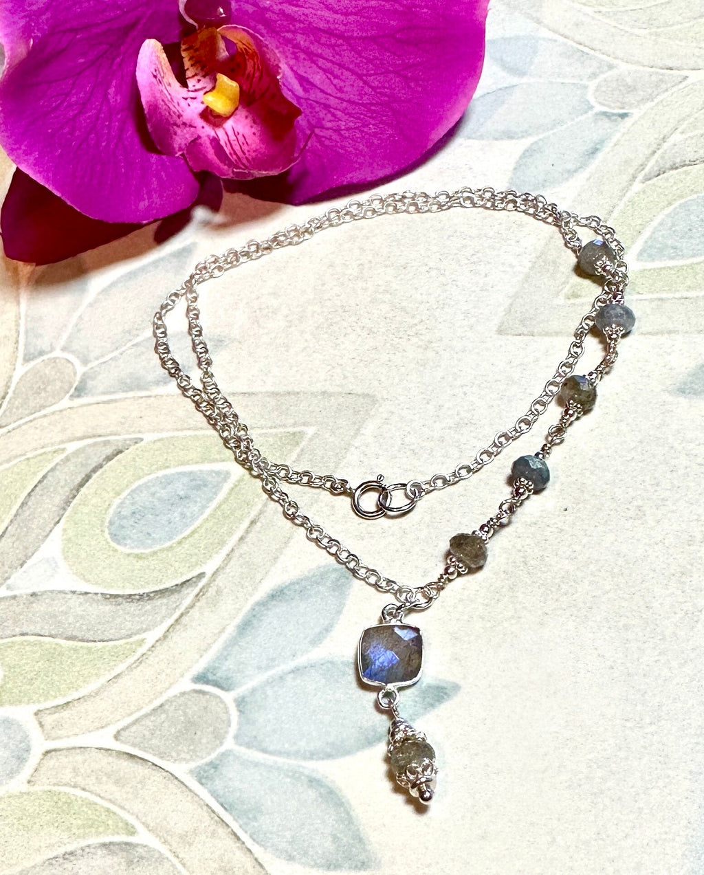 MossberryandStone Labradorite Sterling Silver Faceted Pendant Necklace 17in