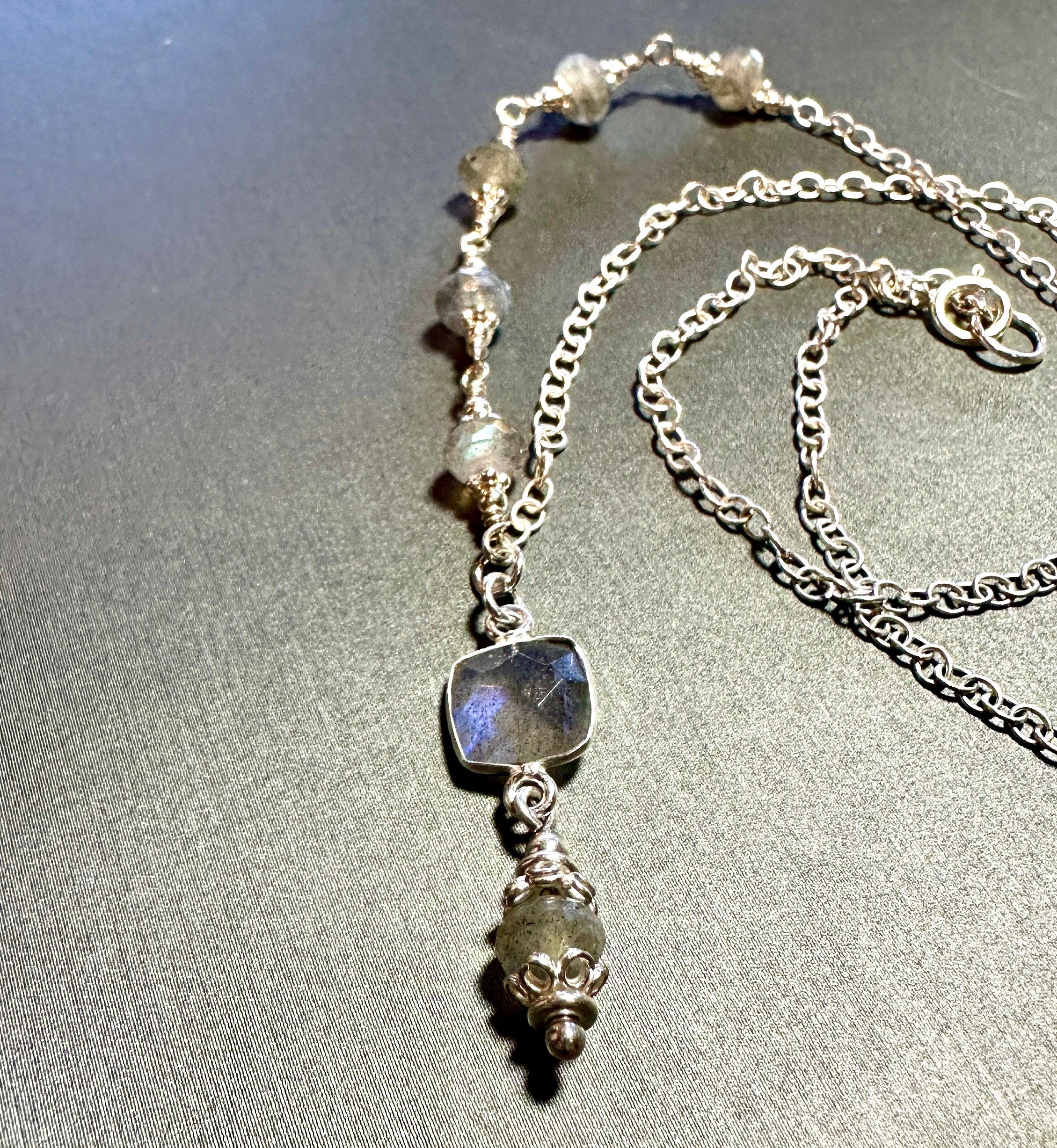 MossberryandStone Labradorite Sterling Silver Faceted Pendant Necklace 17in