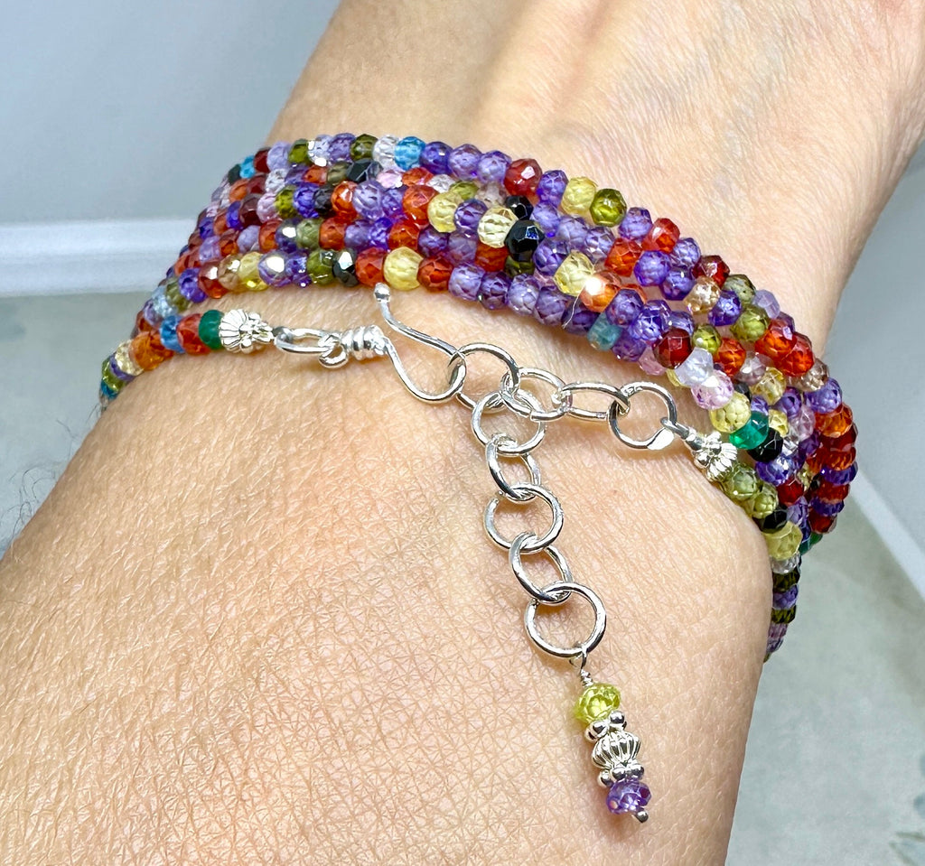 MossberryandStone Rainbow Cubic Zirconia Sterling Silver Beaded Wrap Bracelet