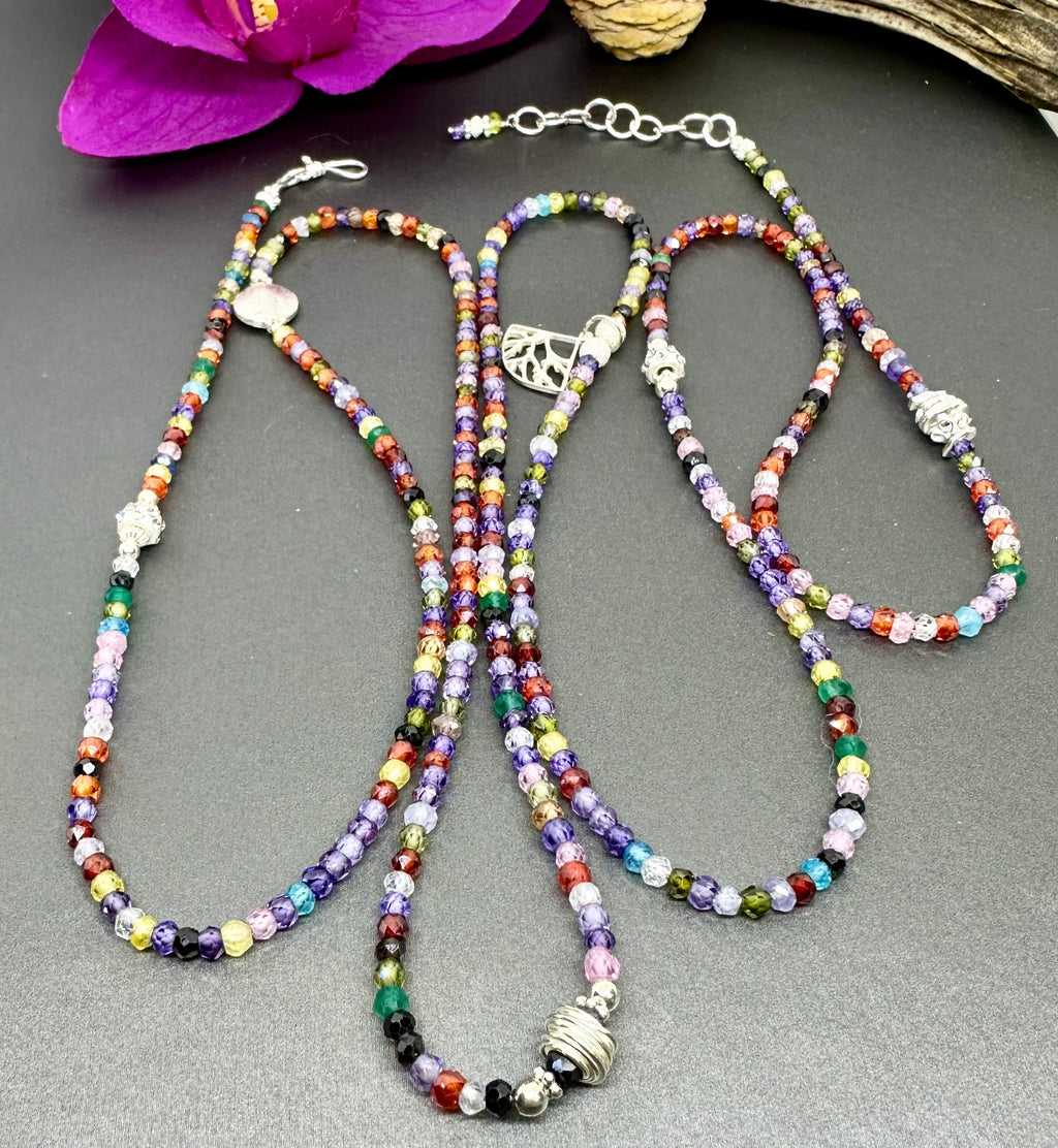 MossberryandStone Rainbow Cubic Zirconia Sterling Silver Beaded Wrap Bracelet