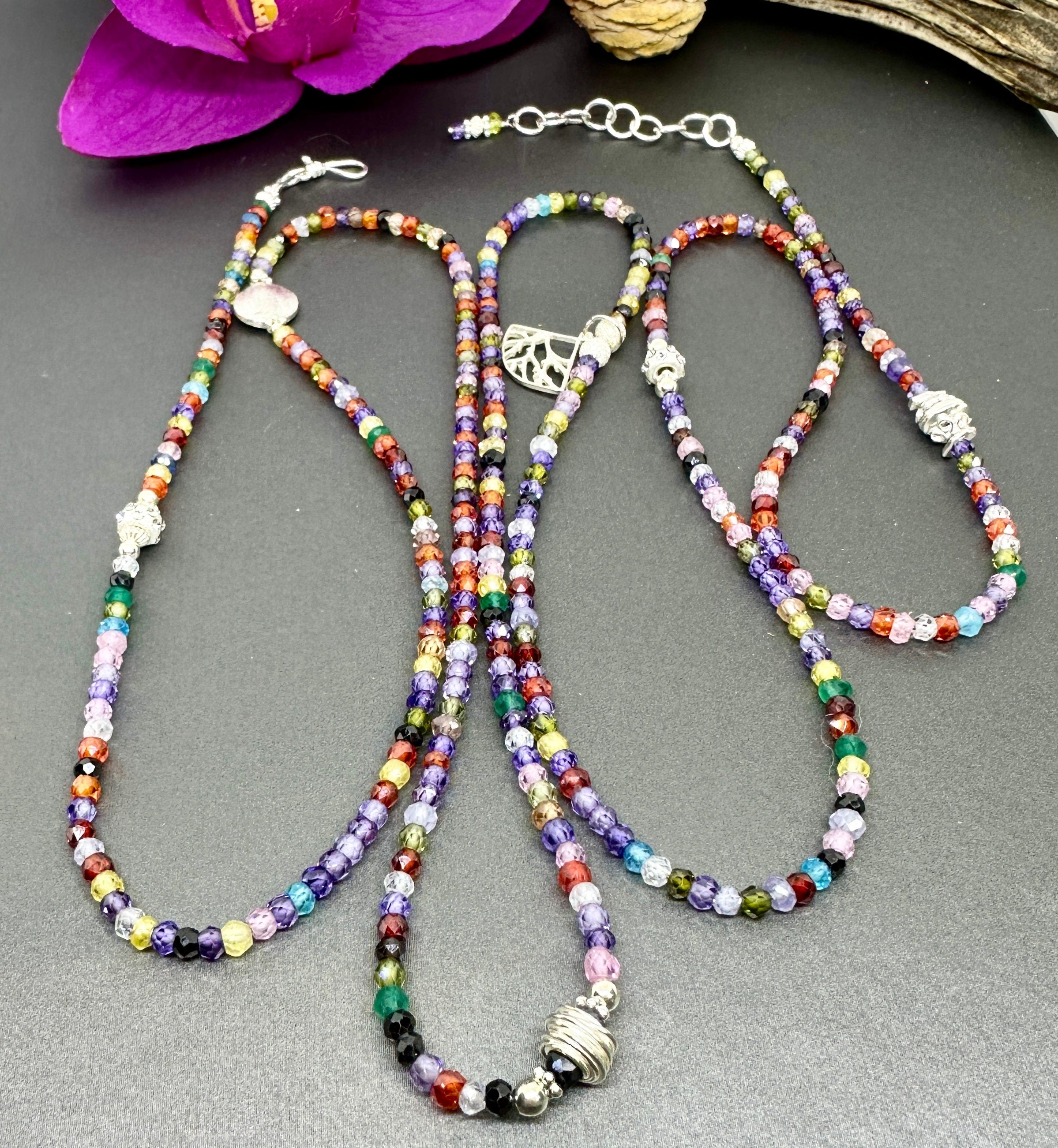 MossberryandStone Rainbow Cubic Zirconia Sterling Silver Beaded Wrap Bracelet