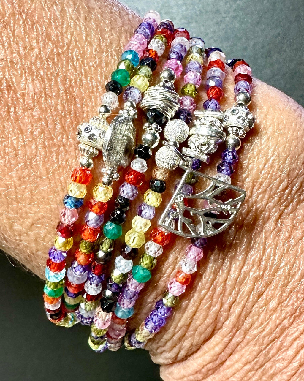 MossberryandStone Rainbow Cubic Zirconia Sterling Silver Beaded Wrap Bracelet