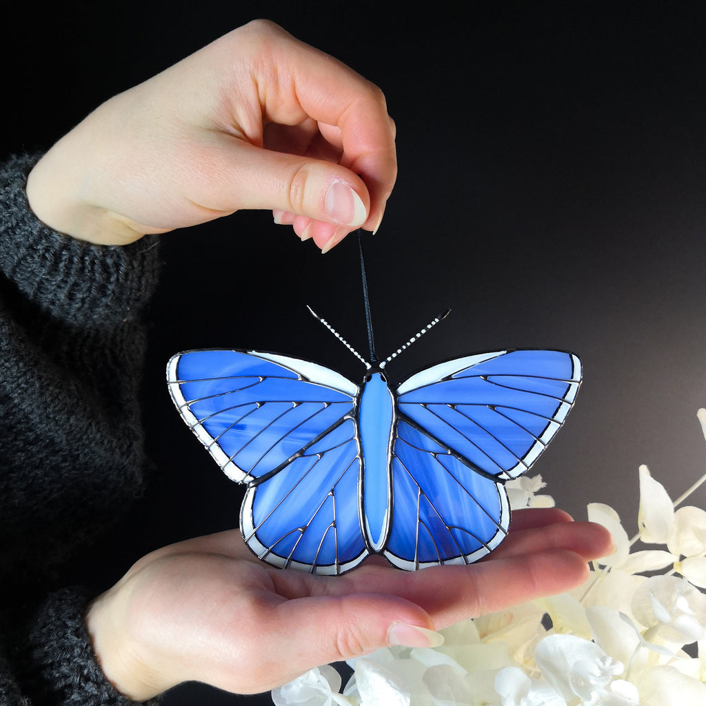 SunStainedGlassUA Blue Butterfly Stained Glass Suncatcher Window Hanging