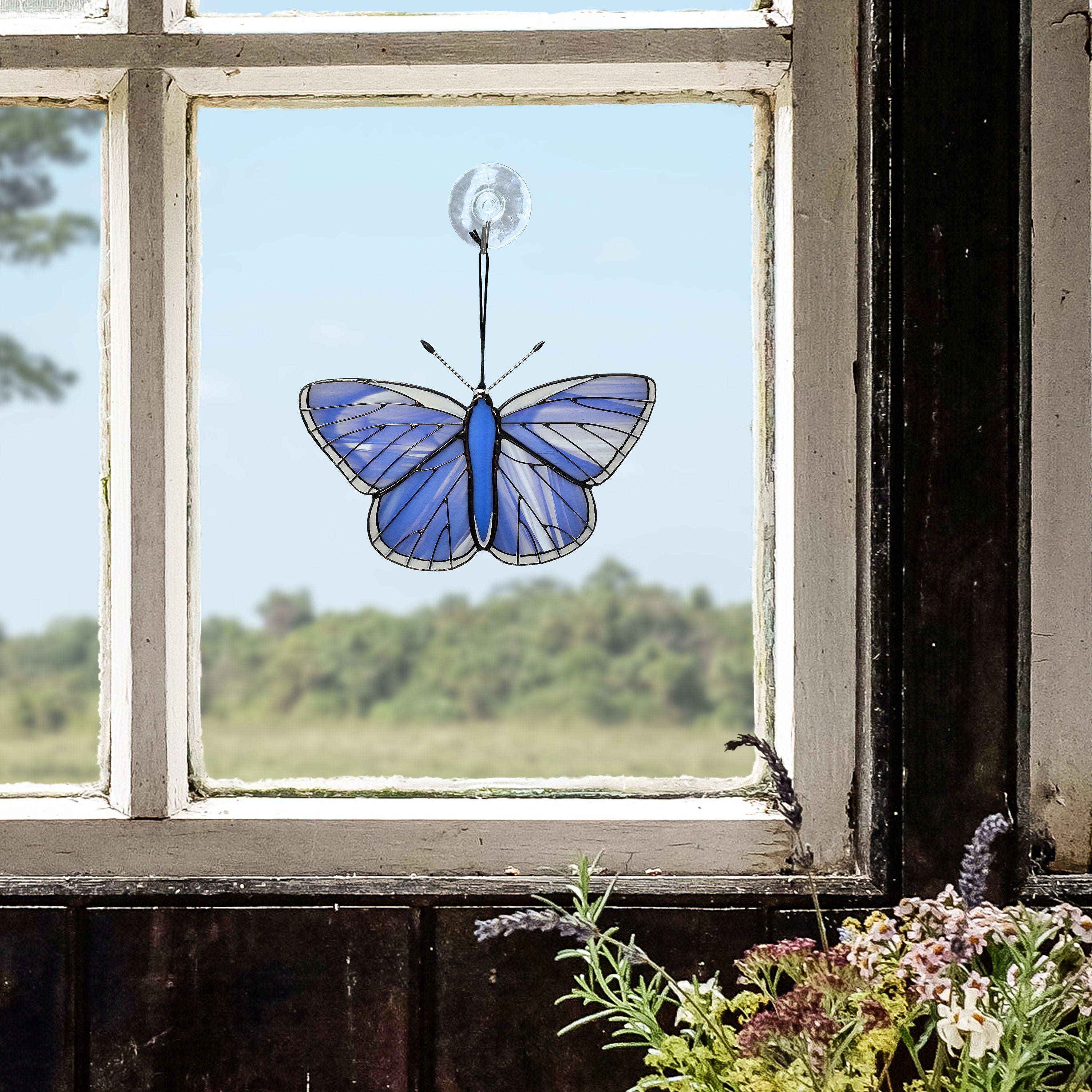 SunStainedGlassUA Blue Butterfly Stained Glass Suncatcher Window Hanging