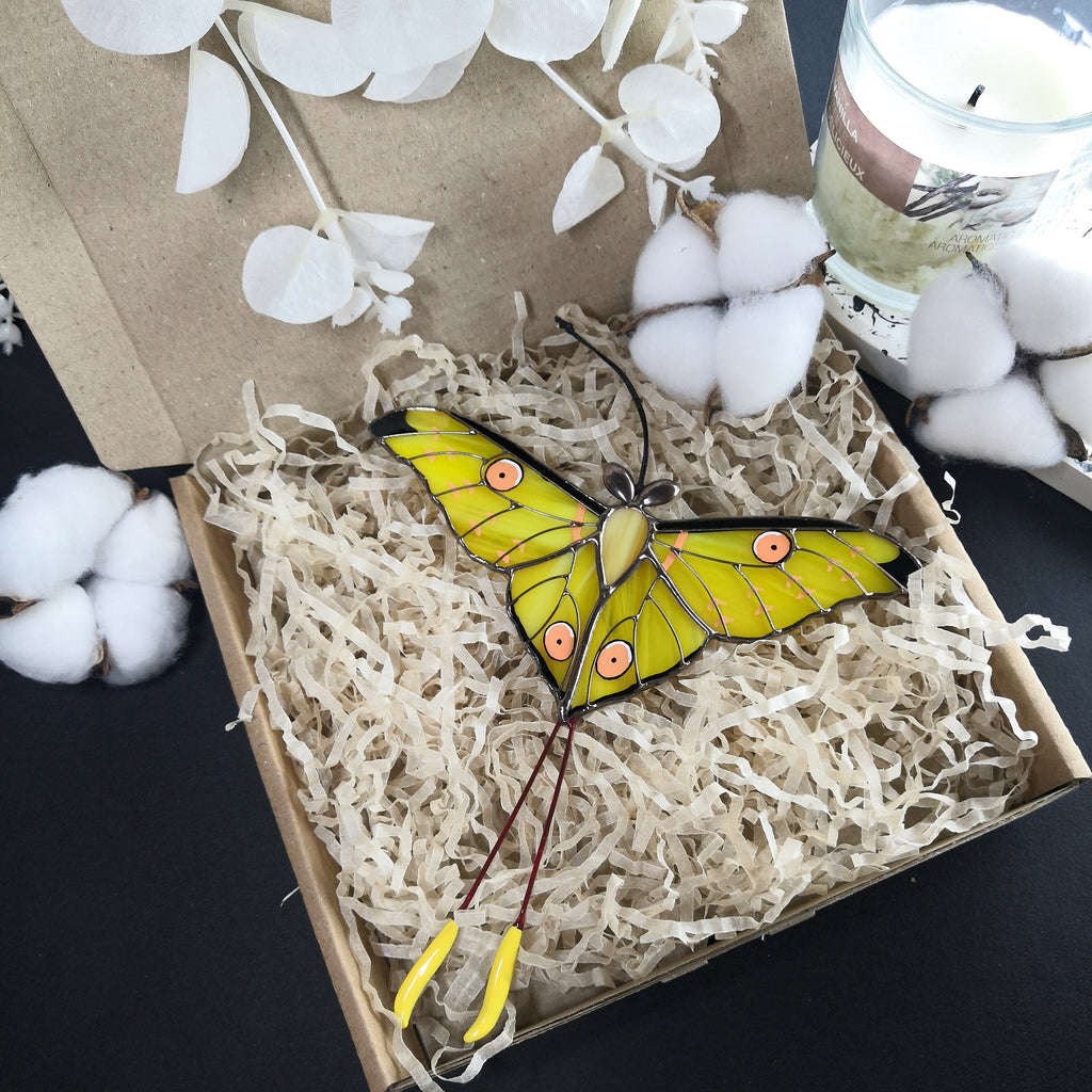 SunStainedGlassUA Comet Moth Stained Glass Window Suncatcher