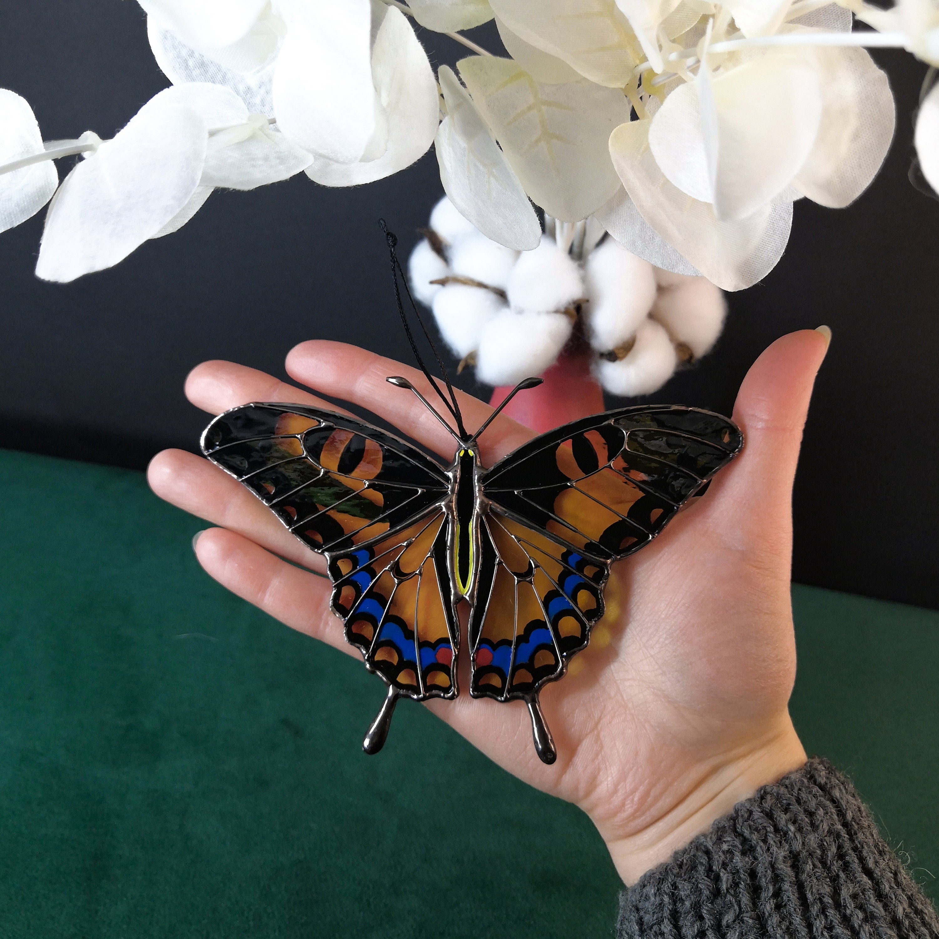 SunStainedGlassUA Yellow Swallowtail Butterfly Stained Glass Suncatcher