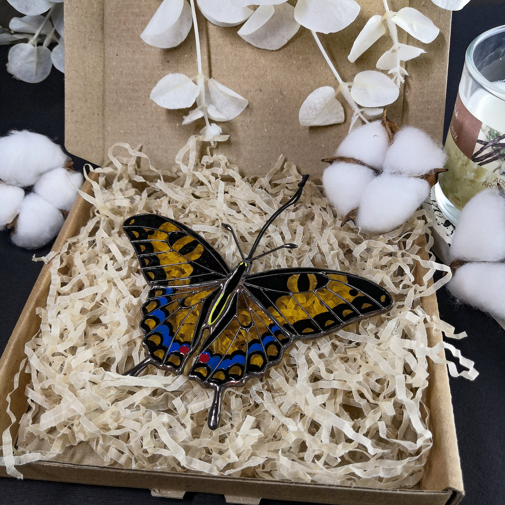 SunStainedGlassUA Yellow Swallowtail Butterfly Stained Glass Suncatcher