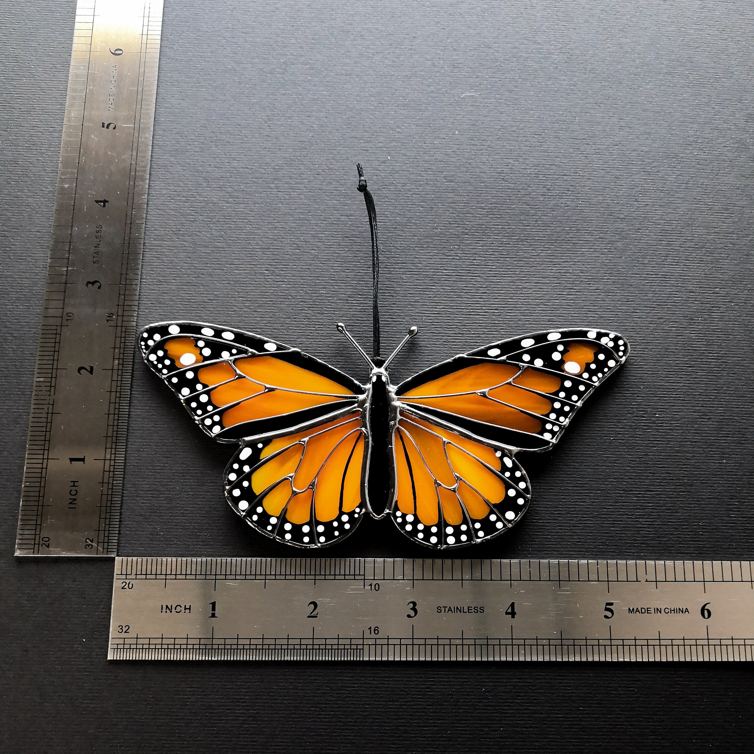 SunStainedGlassUA Handmade Monarch Butterfly Stained Glass Suncatcher 5.3in