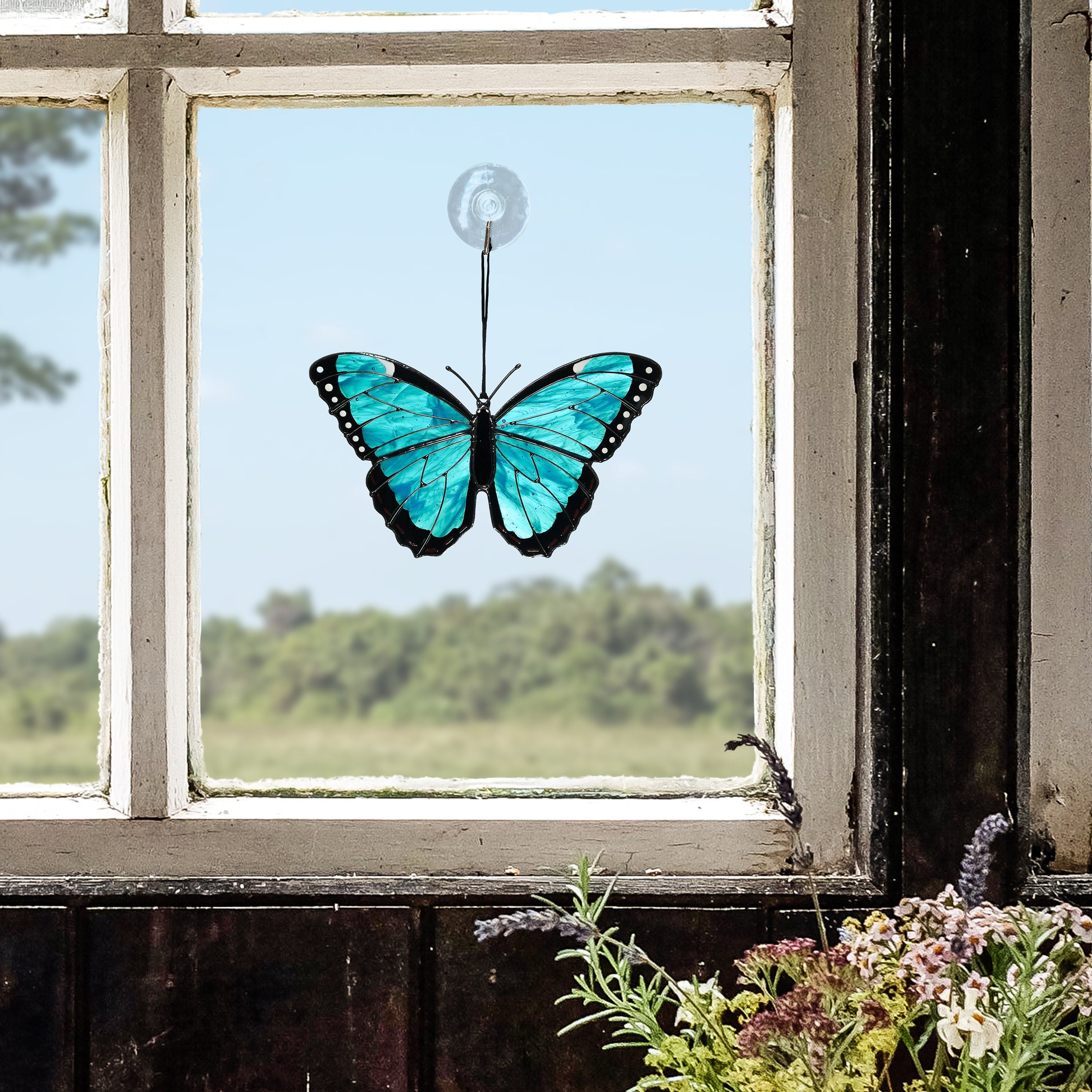 SunStainedGlassUA Peleides Blue Morpho Stained Glass Butterfly Suncatcher