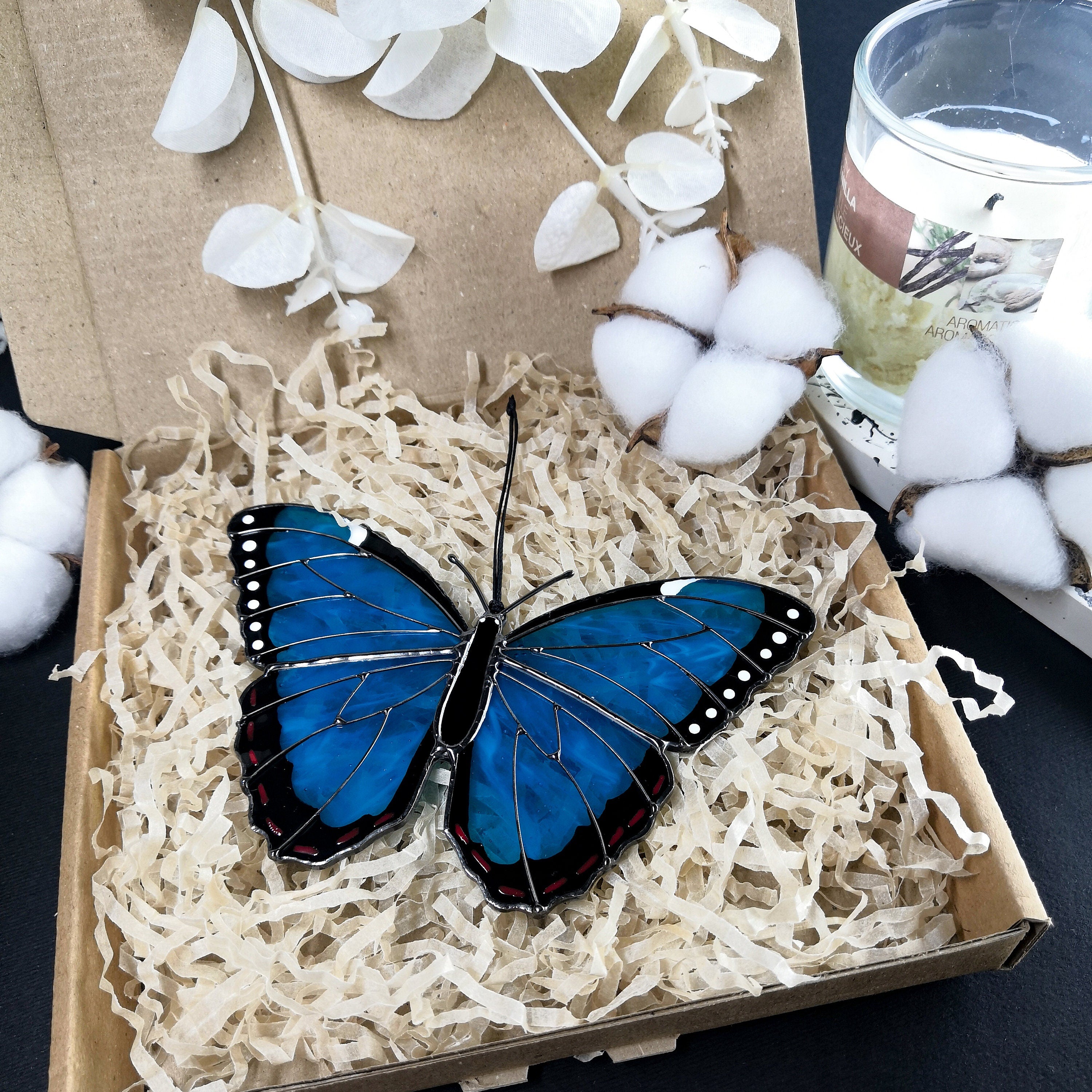 SunStainedGlassUA Peleides Blue Morpho Stained Glass Butterfly Suncatcher