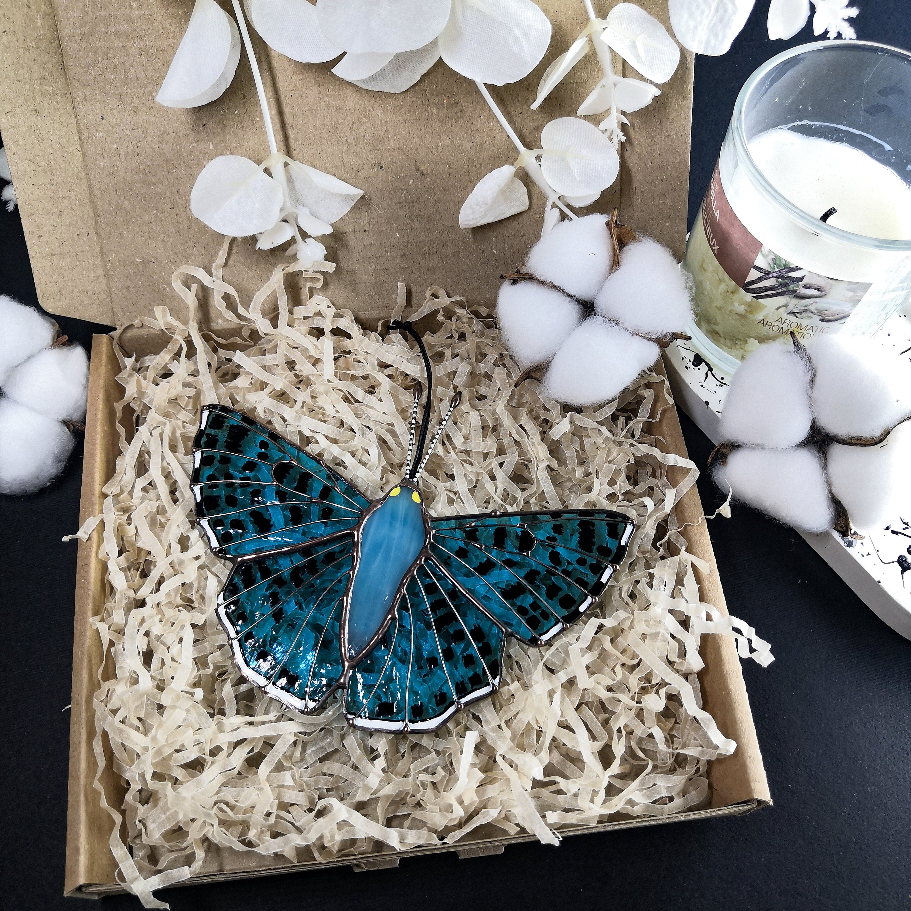 SunStainedGlassUA Lasaia Agesilas Stained Glass Butterfly Suncatcher 5.2in