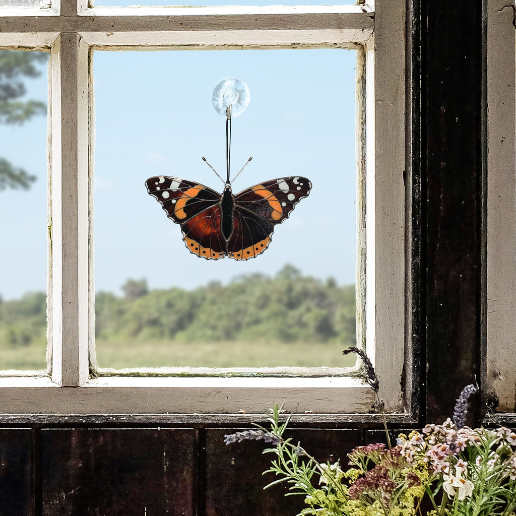 SunStainedGlassUA Red Admiral Butterfly Suncatcher Stained Glass Window Hanging