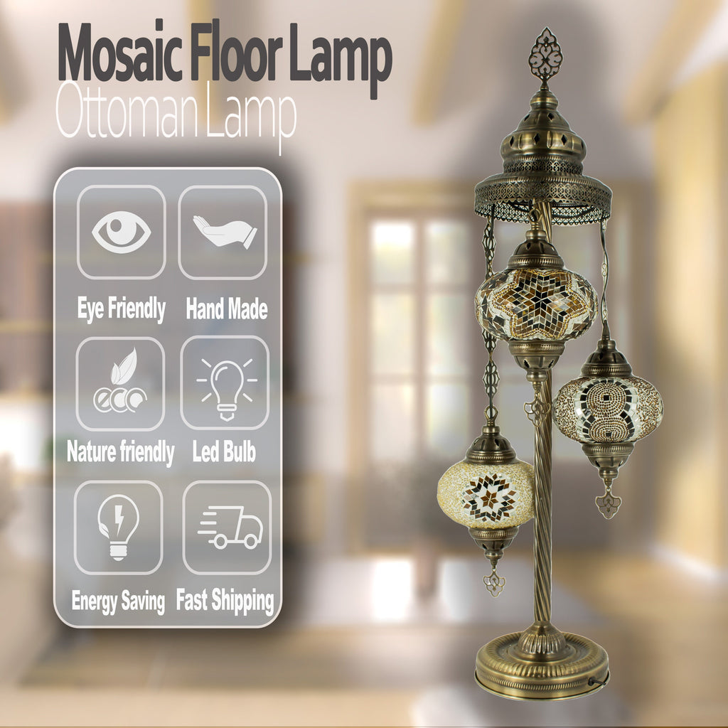 MoslandHome Handmade Turkish Mosaic Floor Lamp 3 Globe Corner